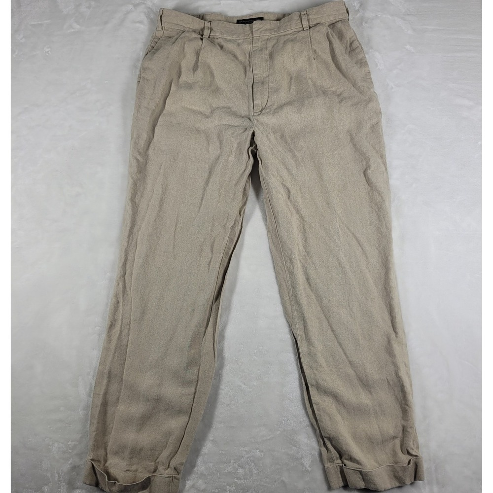 Banana Republic Smithfield Pants Men's 38x32 Beige Pleated Cuff Hem‎ 100% Linen